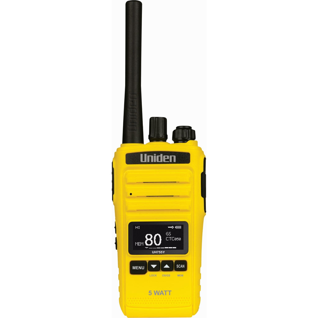 Uniden UH755Y 5 Watt UHF Splashproof CB Handheld Radio (Yellow) - JB Hi-Fi